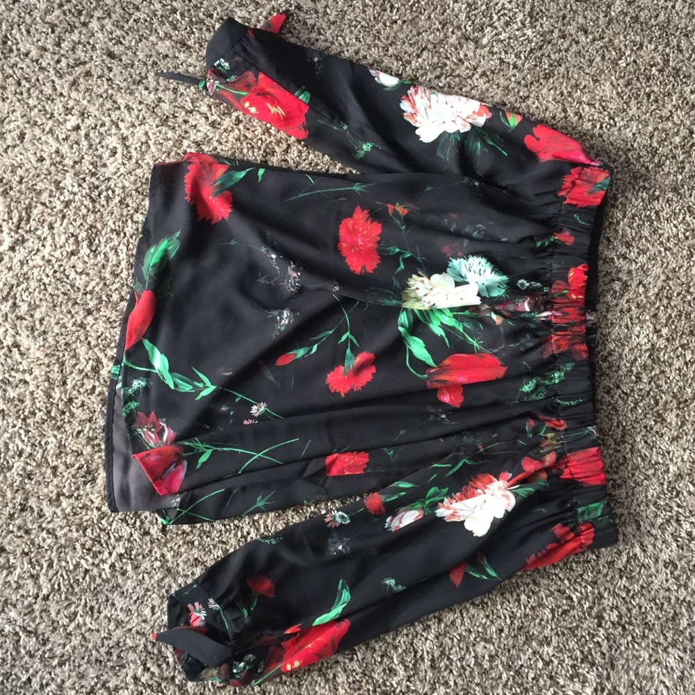 Off the shoulder, floral top.